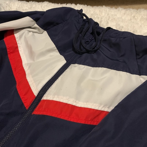 Navy blue zipped windbreaker with hood. - Picture 3 of 4